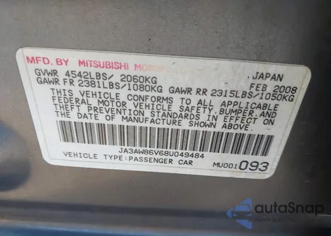 2008 Mitsubishi Lancer Evolution Gsr from USA, damaged, VIN JA3AW86V68U049484